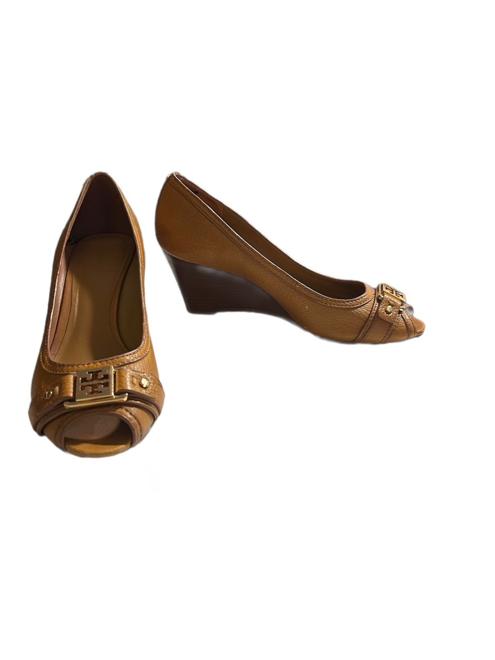 Tory Burch Ambrose Peep Toe Wedge Pumps Tan Pebbled Leather Gold Logo 7